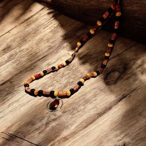Handcrafted Beaded Necklace - Red, Brown, Black